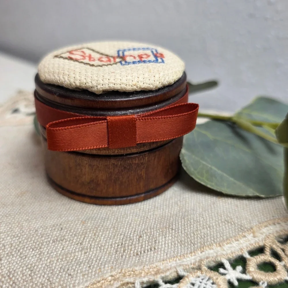 Vintage Wooden Stamp Box Cross Stitched Lid Round‎ Dark Wood Desk Organizer